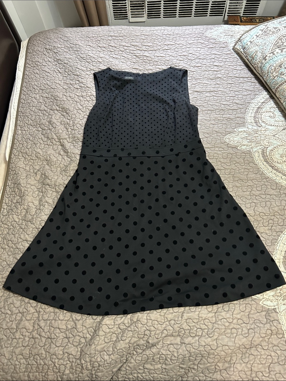 Talbots Black Polka Dot Sleeveless Midi Dress with A-Line Skirt